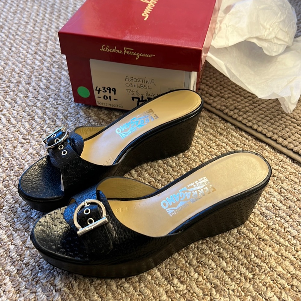 Ferragamo ( Agostina ) wedge mules sandals black leather size 7.5B